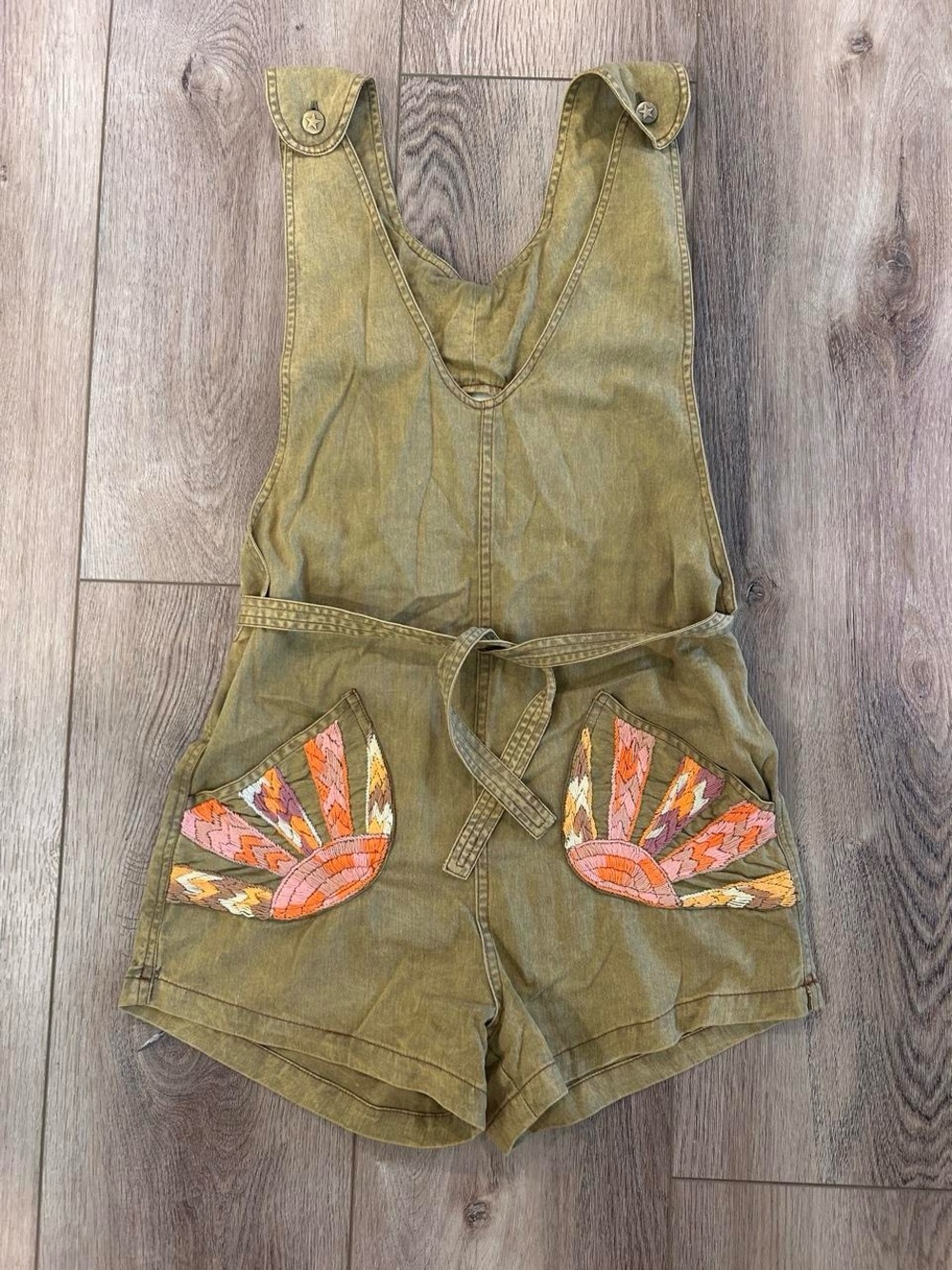 Chasing Unicorns Olive Green Denim Romper with Embroidered Waist Detail - Picture 2 of 8
